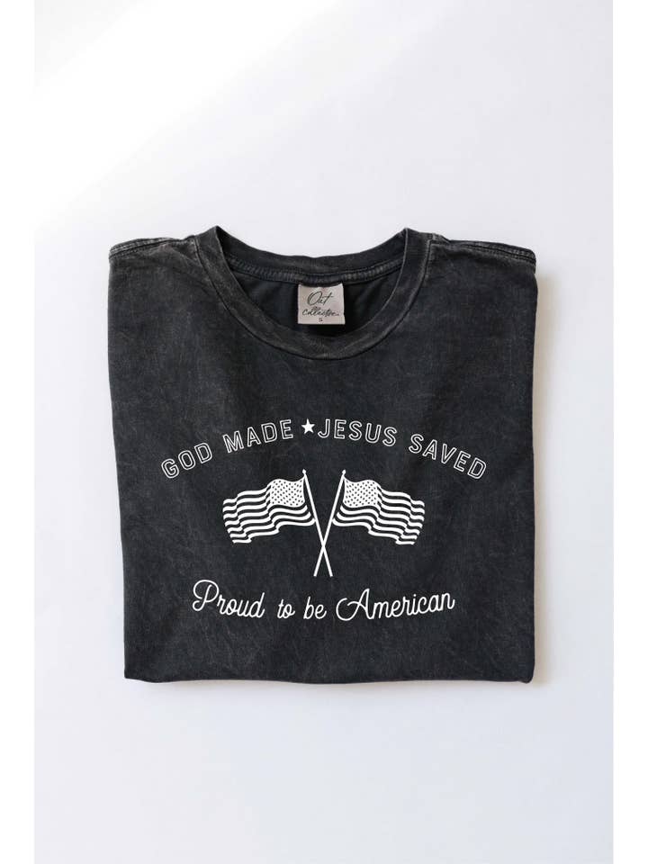 OAT COLLECTIVE - Vente T-shirt sérigraphié – femme - Haut graphique en tissu minéral délavé GOD MADE3