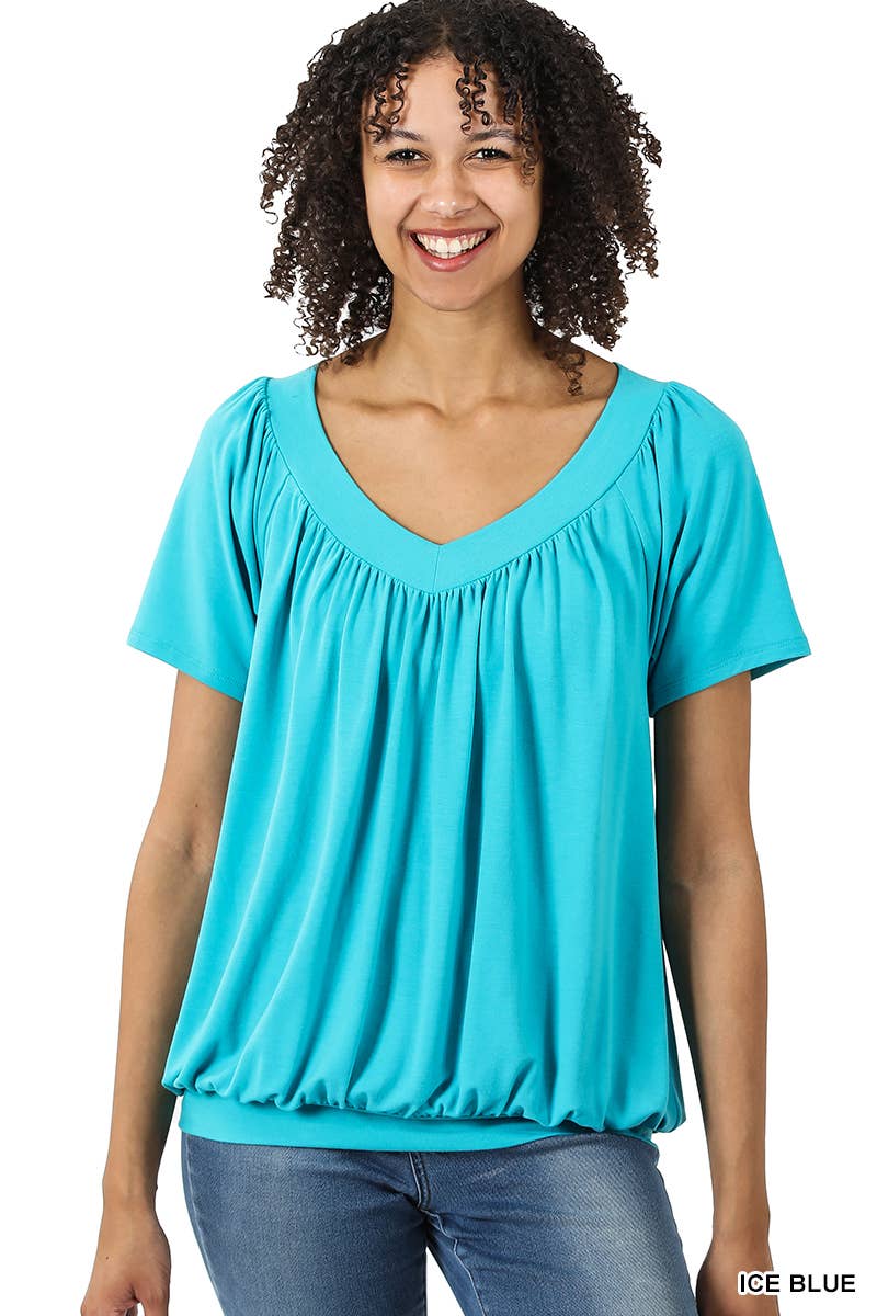 42POPS - Wholesale Blouse - Women's - ",.SHIRRED V-NECK SHORT SLEEVE TOP22