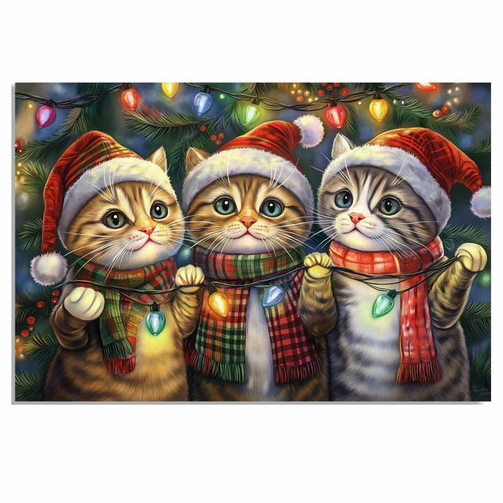 Christmas Cats Canvas Wall Art with Lights and Santa Hats for wholesale by Art Paradise Studios