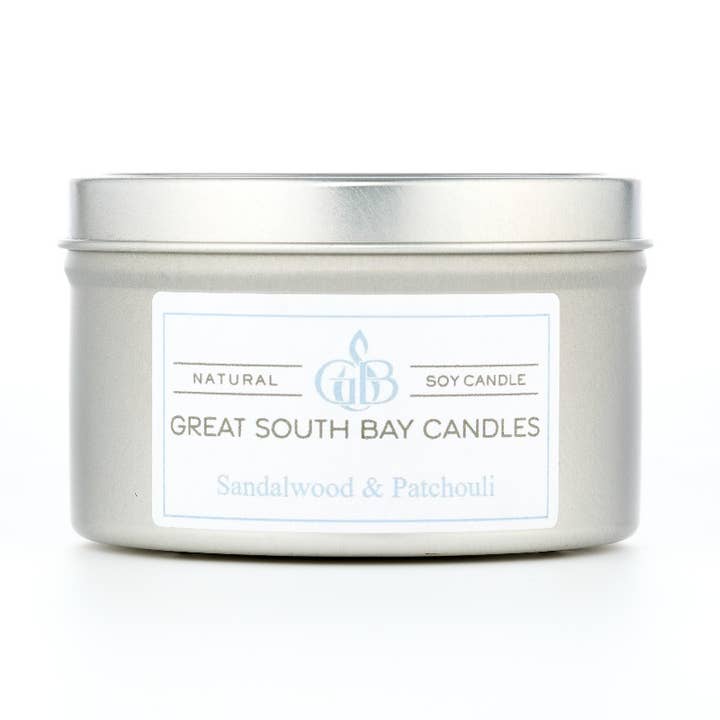 Sandalwood & Patchouli Candle Travel Tin for wholesale by Great South Bay Candle Company