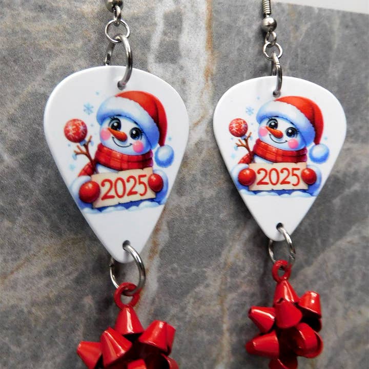 Simply Raevyn - Wholesale Dangle Earrings - Christmas 2025 Snowman Guitar Pick Earrings with Bow Dangles2