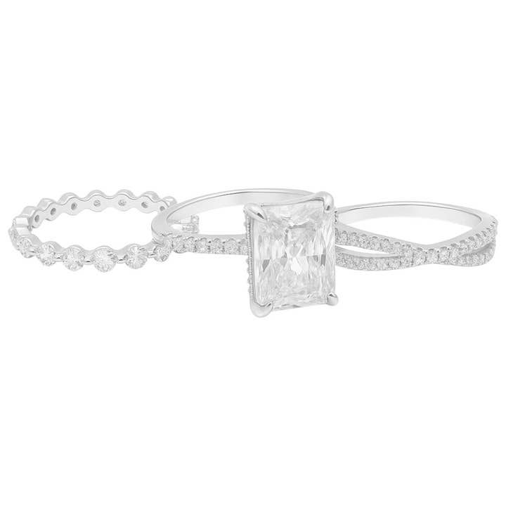 Ensemble de bagues 3 pièces en argent sterling avec moissanite taille radiant de 4,0 ct pour la vente par Atlanta Jewelers Supply