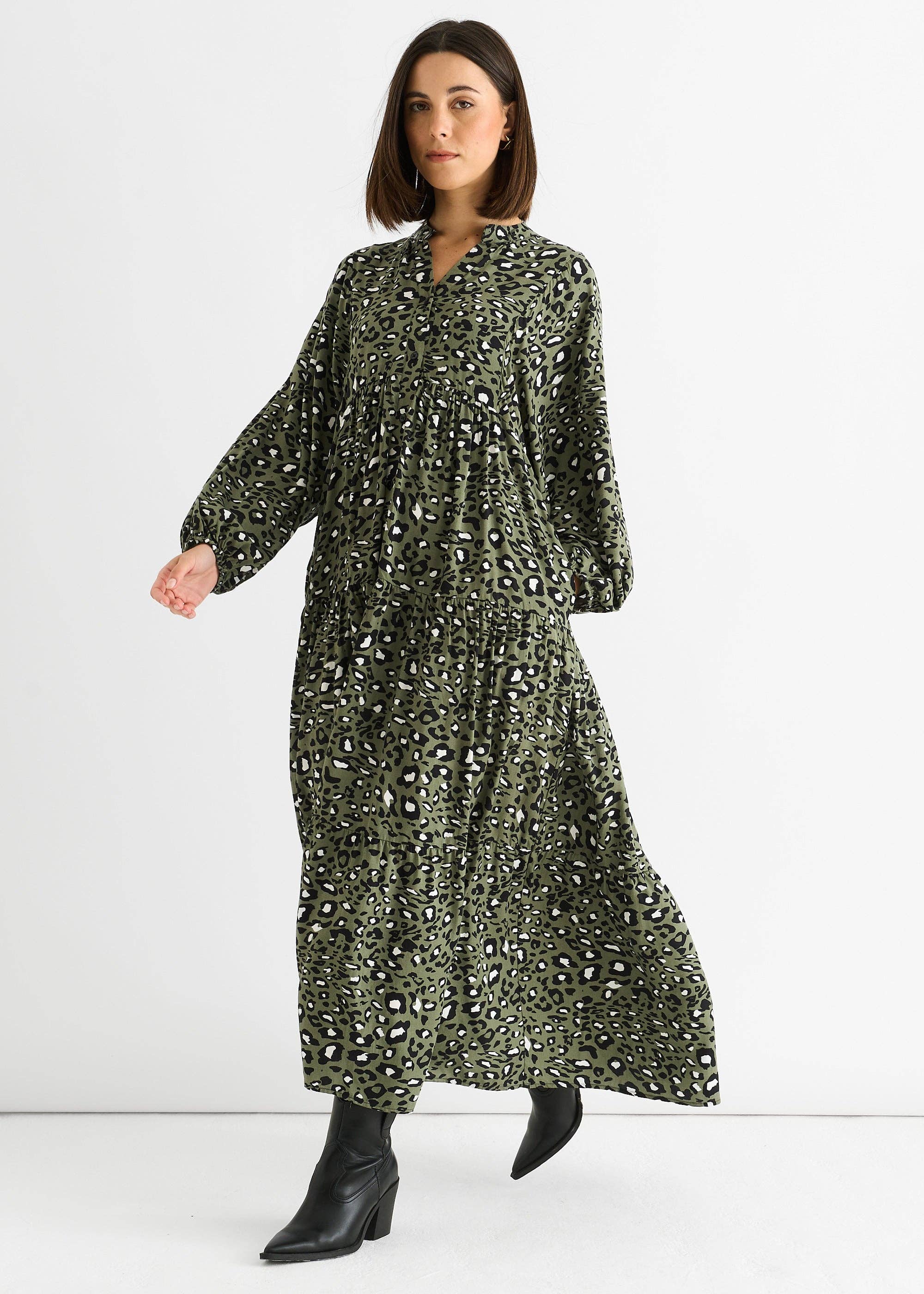 GINI LONDON - Vente Robe – femme - Robe maxi smock surdimensionnée en viscose kaki à motif animal3