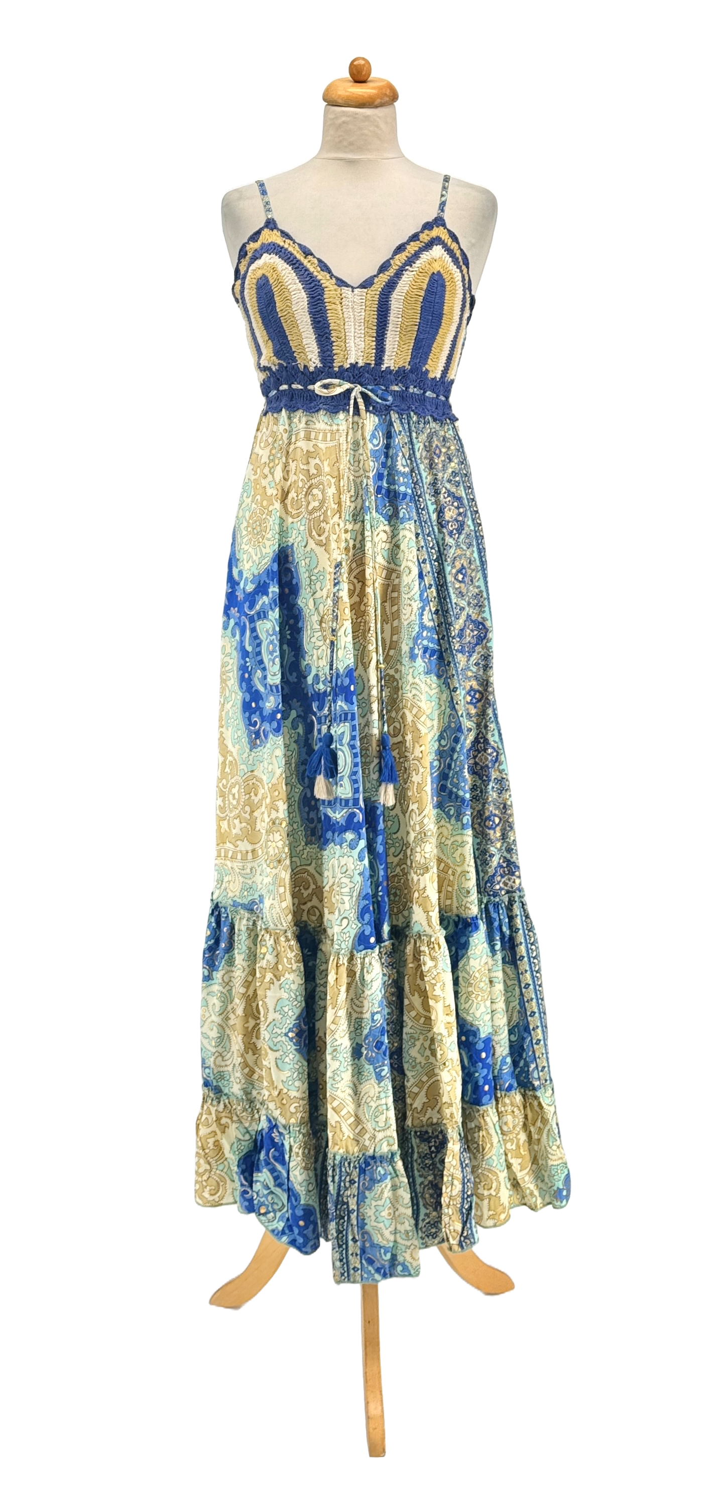  PINK TURQUOISE KLEIN BLUE  PRINTED DRESS 100% COLD SILK, GOLD DETAILS, CROCHET for wholesale on Faire5