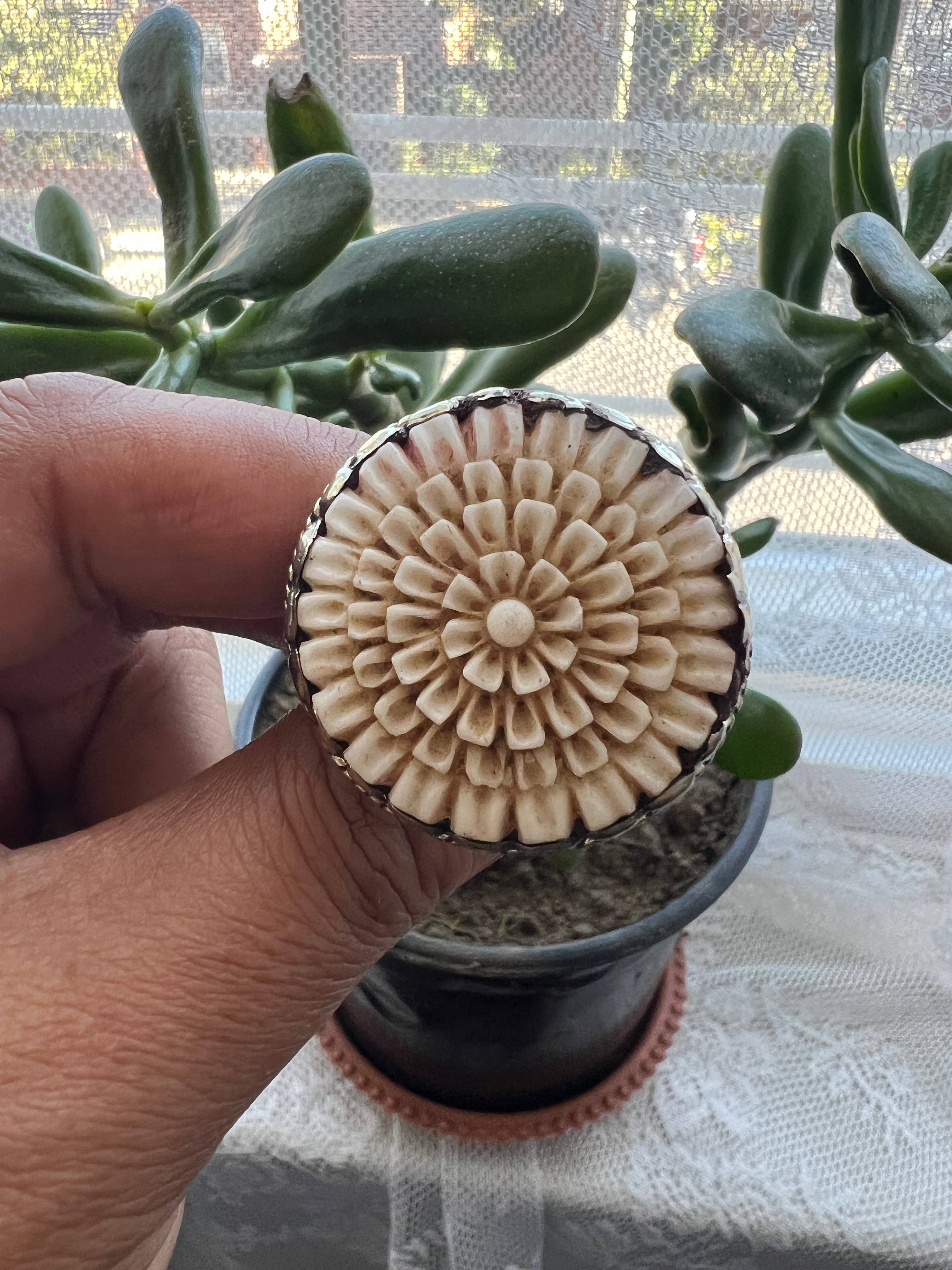 GTG Gems Corp - Wholesale Cocktail/Statement Ring - Bone carved Floral design adjustable ring0