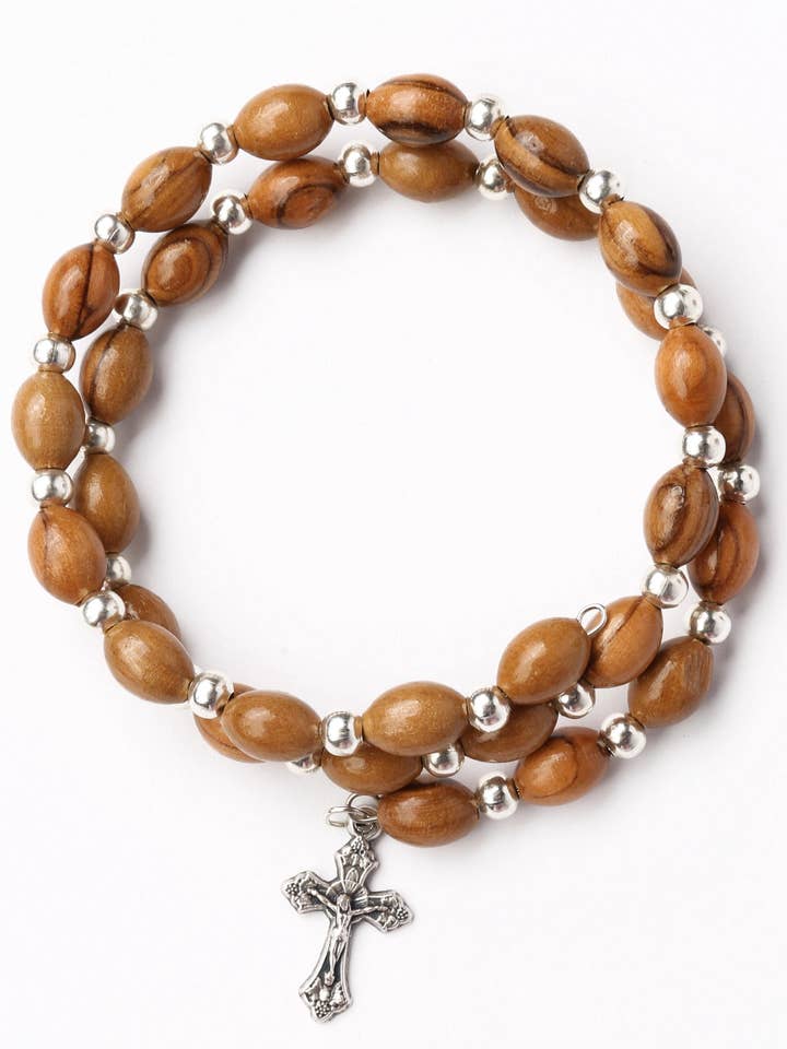 Olive Wood Bracelet_ Wrap Rosary with Crucifix Medal for wholesale by Holyland Artisans