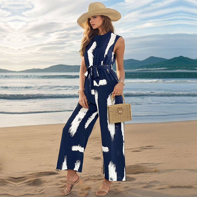 NAVY sleeveless printed jumpsuit for wholesale on Faire1