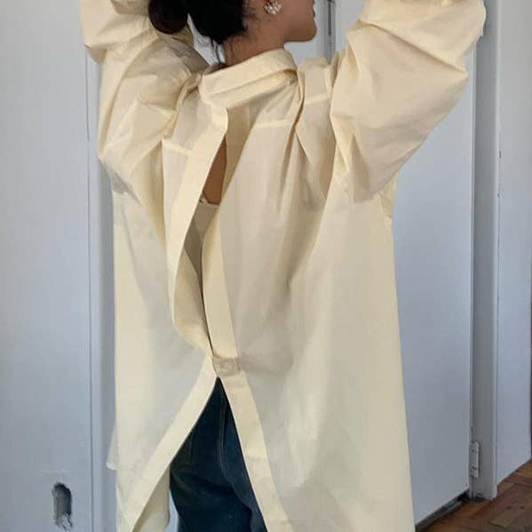 Blouses & Chemises à Manches Longues Amples Boutonnées Creuses Plissées Couleur Unie à Fente et à Revers pour la vente par ShieldChic