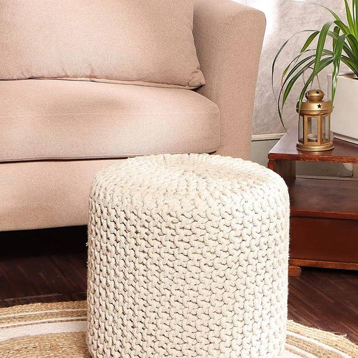 Ivory REDEARTH Cylindrical Hand Knitted Pouf - Foot Stool Ottoman - Cord Boho Pouffe - Cotton Round Poof Accent Chair for Home Decor, Kids, Living Room, Bedroom, Nursery, Patio, Lounge(16”x16”x16”; Ivory) for wholesale on Faire