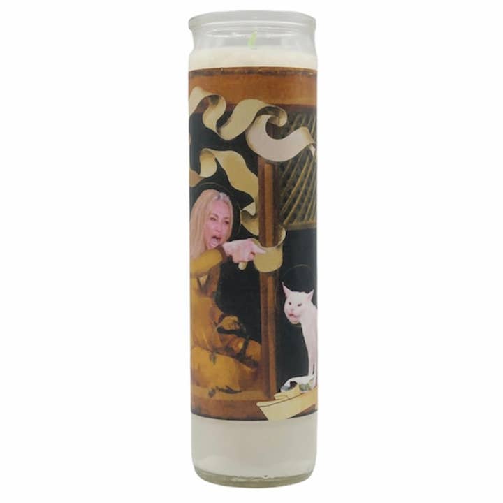 Mulher gritando com Cat Meme Devotional Prayer Saint Candle por atacado de The Luminary and Co.