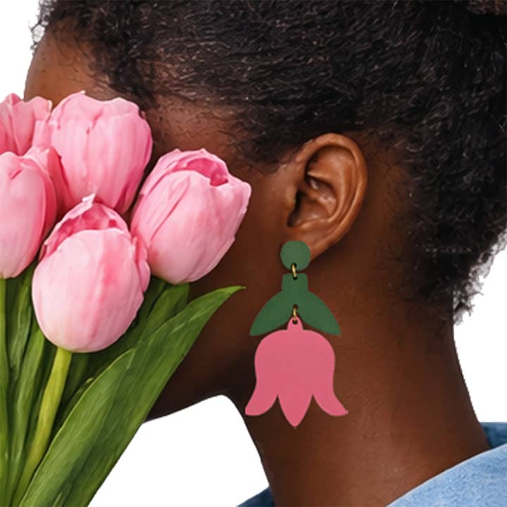 Tulip Drop Earrings – Pink Floral Statement Dangles for wholesale by SCOTCHBONNET!