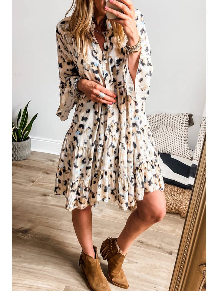 Khaki Leopardenkleid mit 3/4 Ärmeln und Rüschensaum für den Großhandel auf Faire