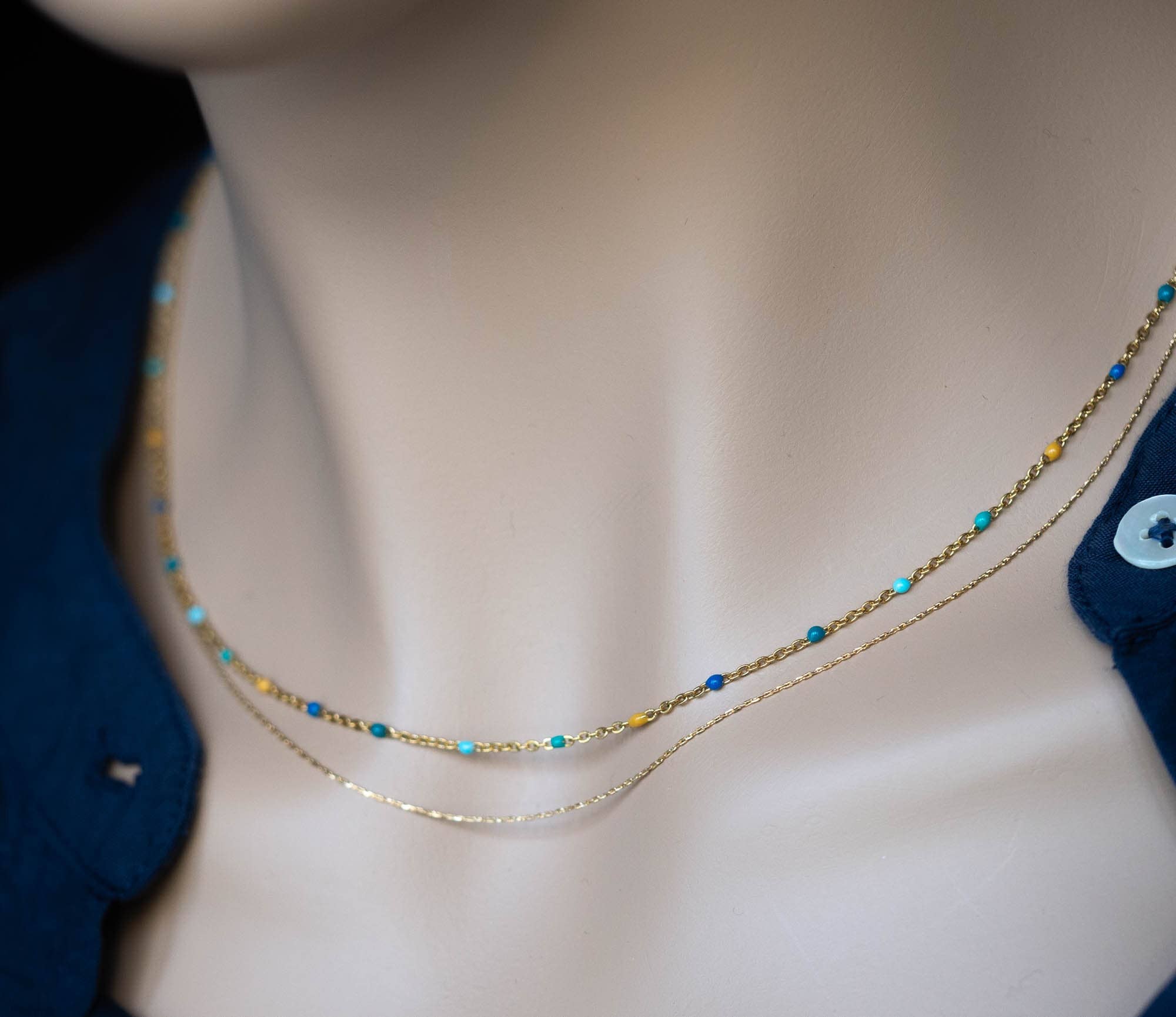 Atelier Vivienne - Wholesale Beaded/Pearl Necklace - Ultra fine delicate minimalist double row necklace//colored resin pearls//fine gold//delicate jewelry//French handmade creation0