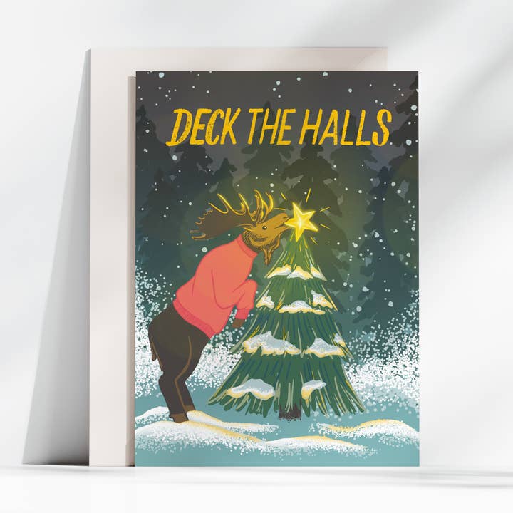 Carte de vœux « Deck the Halls » Moose pour la vente par Luna Pines