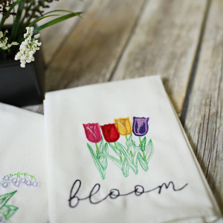 Tulips Bloom Tea Towel - Embroidered - Floral - Spring for wholesale by SewMuchMoreStore