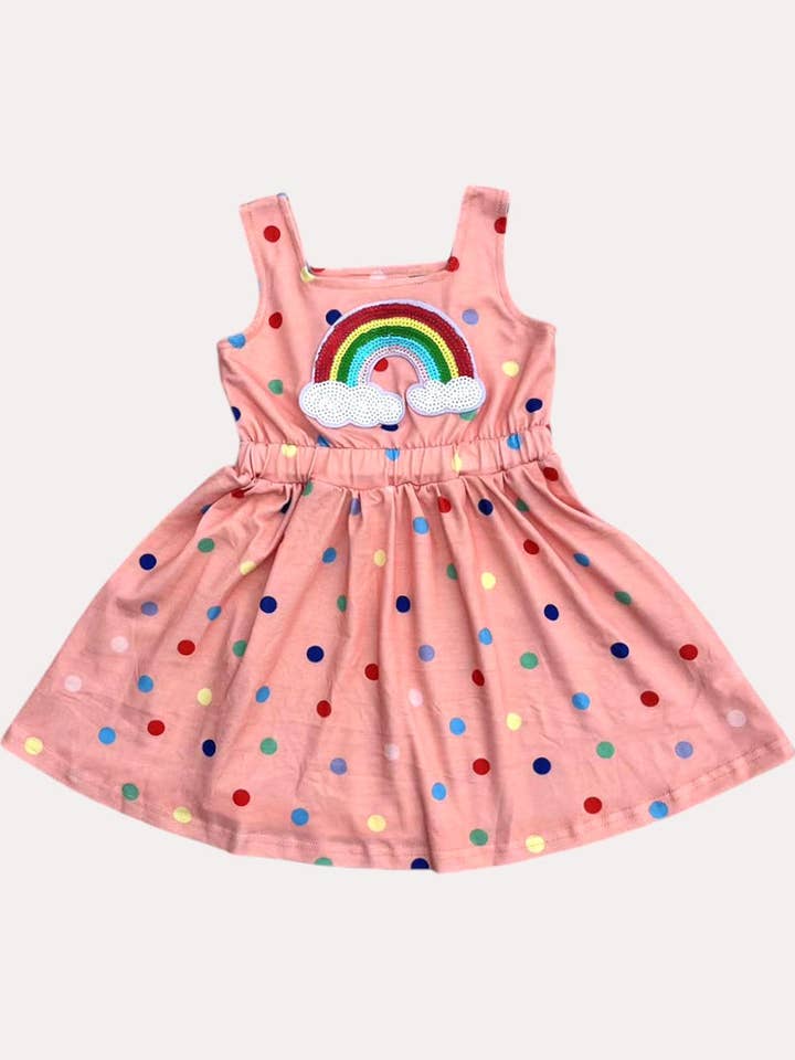luluclothes - Wholesale Dress - Kids - Sequin rainbow & polka dot printed pink girls dress