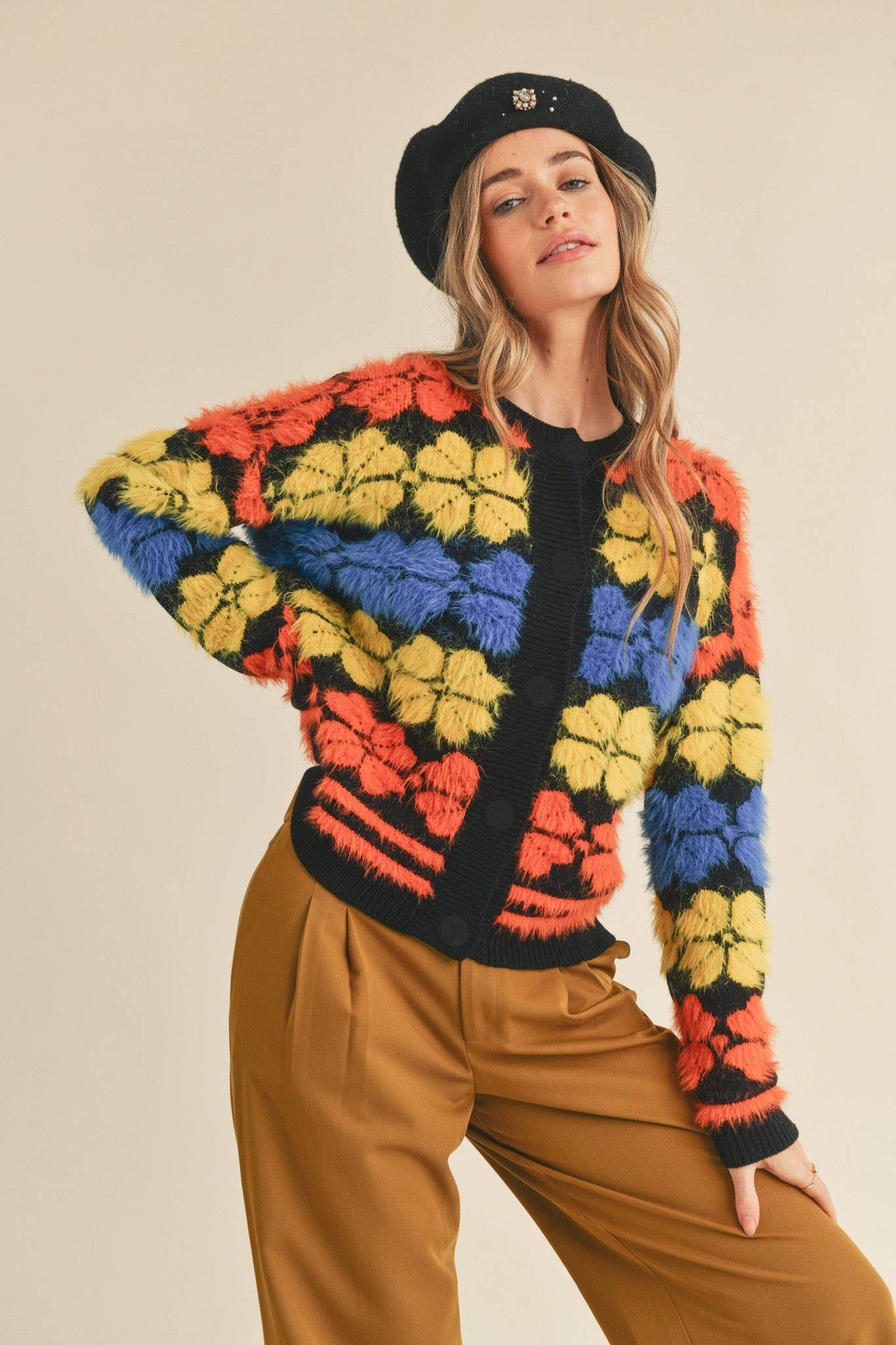 BLACK MULTI SHAGGY KNIT FLORAL SWEATER CARDIGAN MSW10343 for wholesale on Faire3