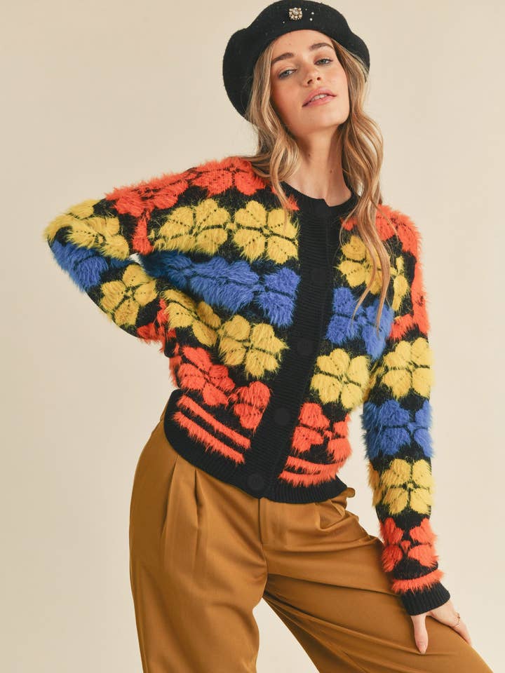 BLACK MULTI SHAGGY KNIT FLORAL SWEATER CARDIGAN MSW10343 for wholesale on Faire3