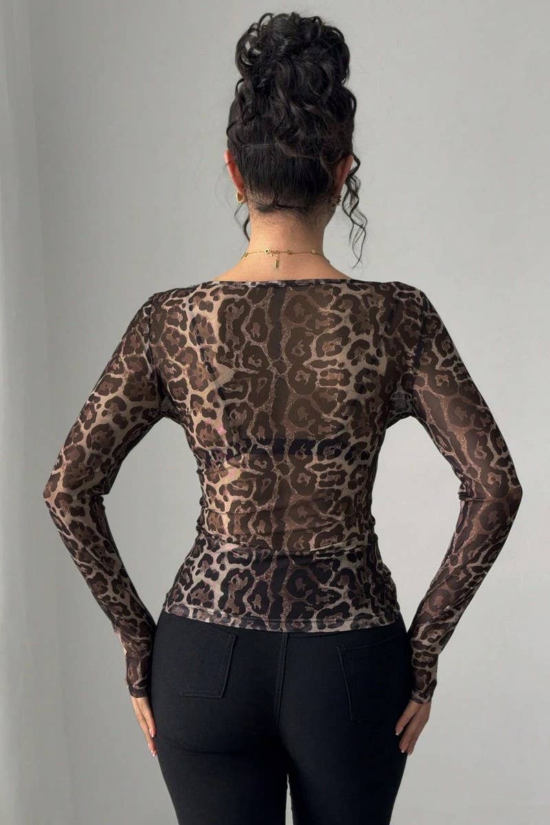 BROWN CWTBLL3911_SHEER LEOPARD MESH CREW NECK SLIM FIT TEE for wholesale on Faire4