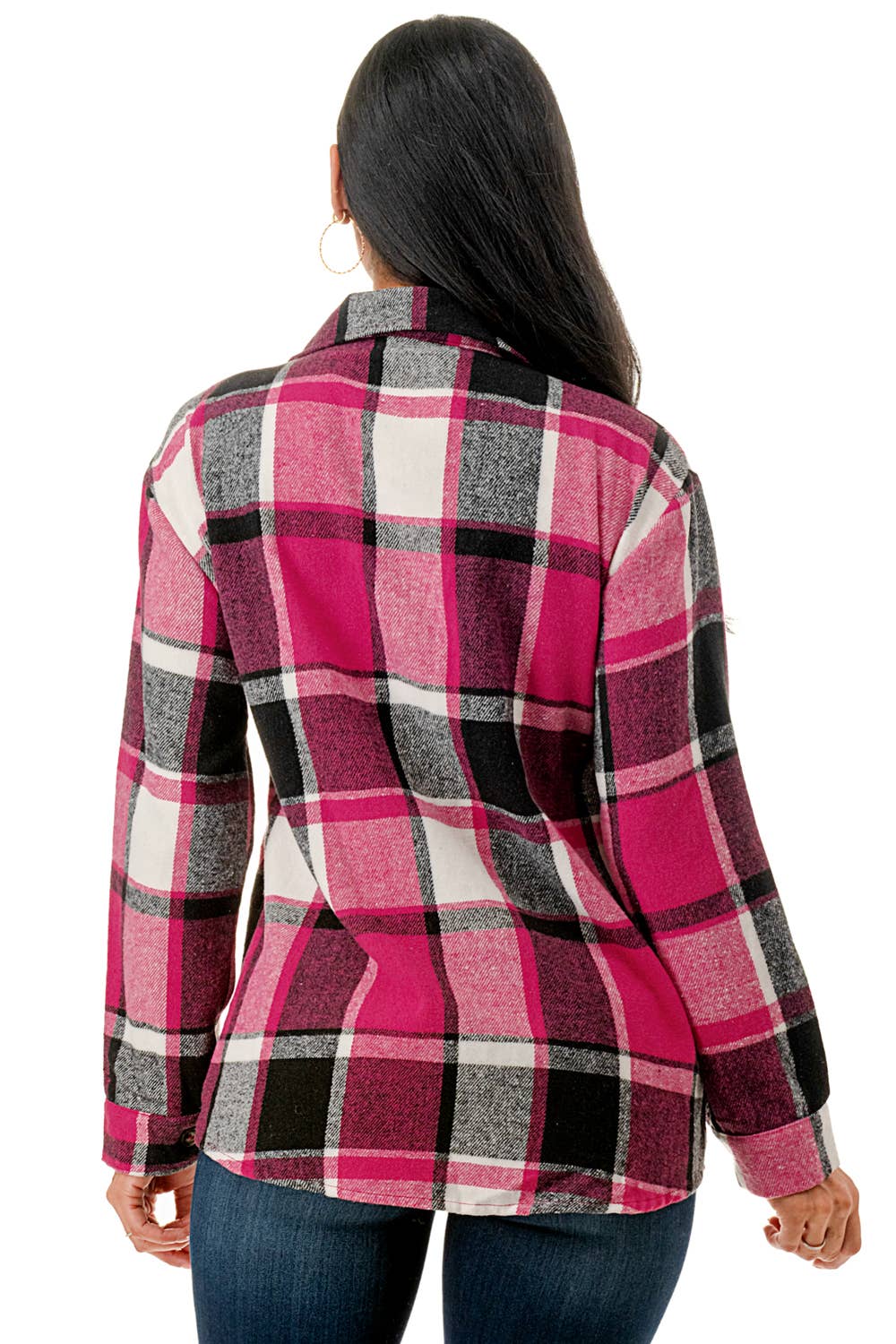 Color 5 - Vendita all'ingrosso Giacca a camicia - Donna - Camicia oversize in flanella scozzese rosa con tasche2