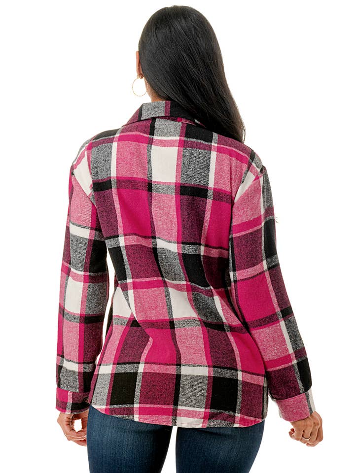 Color 5 - Vendita all'ingrosso Giacca a camicia - Donna - Camicia oversize in flanella scozzese rosa con tasche2