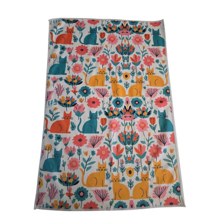 Mikrofiber køkkenhåndklæde med forårsblomstret kattemotiv for engroshandel hos Comfort Diva
