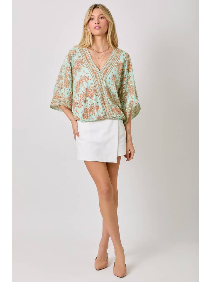 Mystree - Wholesale Blouse - Women's - 60534 Border Print Front Wrap Kimono Top