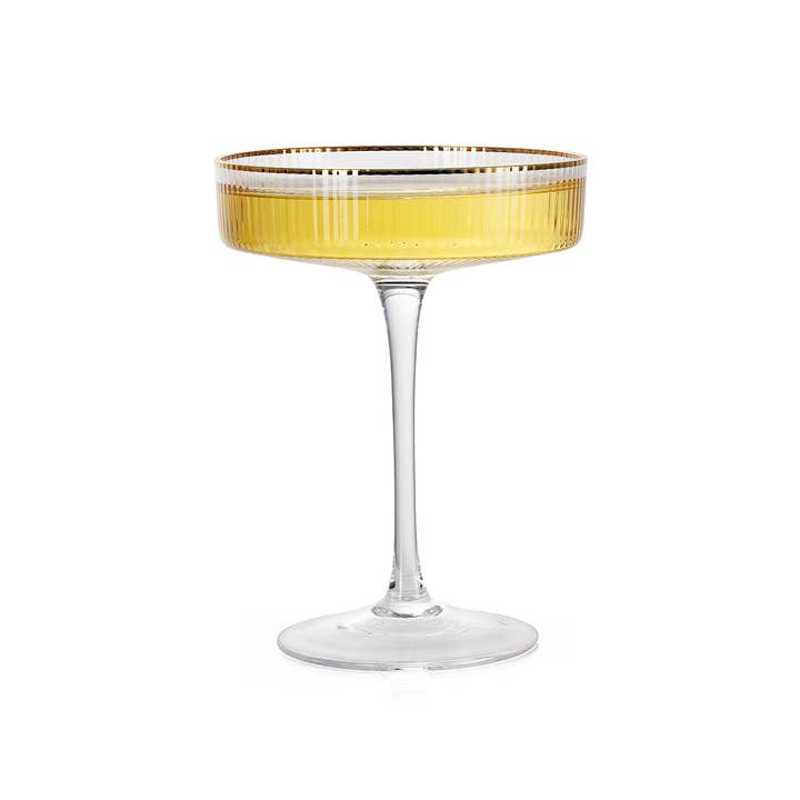 The Wine Savant / Khen Glassware - Wholesale Cocktail/Liquor Glass - Art Deco Gilded Crystal Coupe Glasses, Ribbed - Set of 4