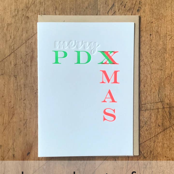 Biglietto natalizio con scritta «Merry PDXMAS», confezione da 6 per la vendita all'ingrosso da parte di Letterpress PDX