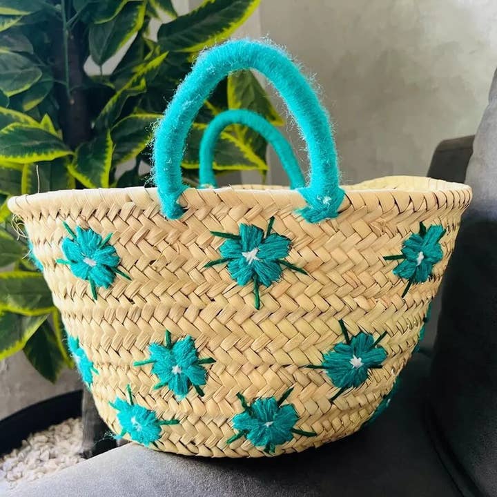 Handgemaakte Bloemen Stro Tas – Geborduurde Handvatten voor wholesale door Moroccan Natural bazaar