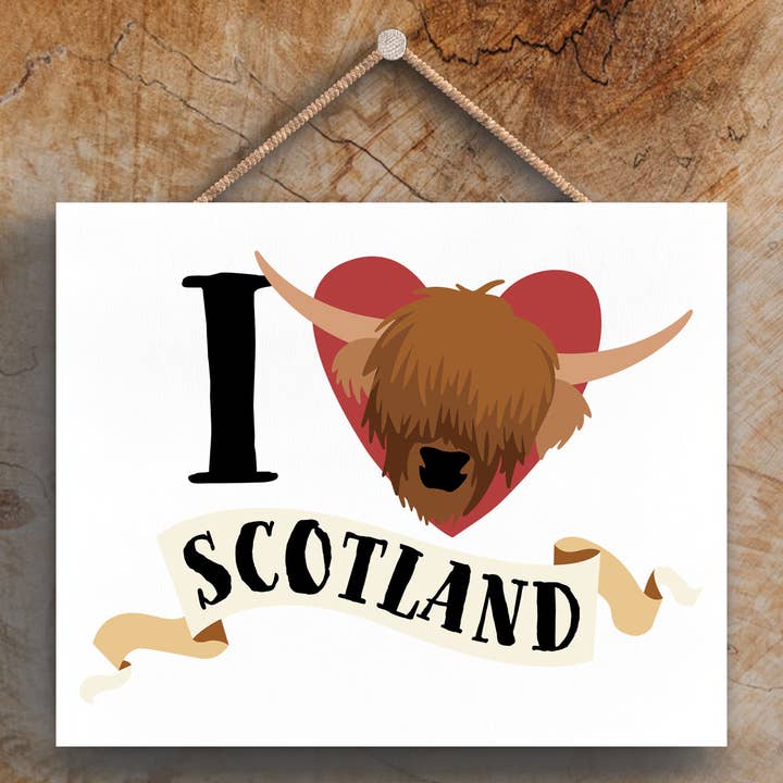 P4857 - I Love Scotland Highland Cow Theme Wooden Hanging Pl for wholesale by Vivid Squid Wholesale