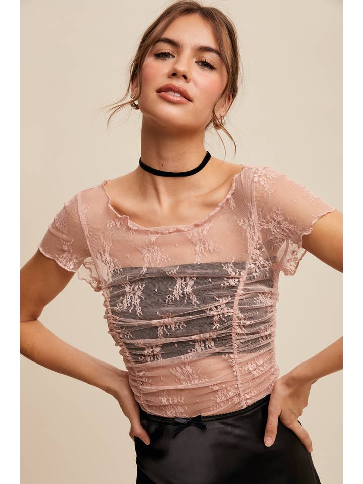 Listicle - Wholesale T-Shirt - Women's - Semi Sheer Floral Mesh Ruched Layering Top