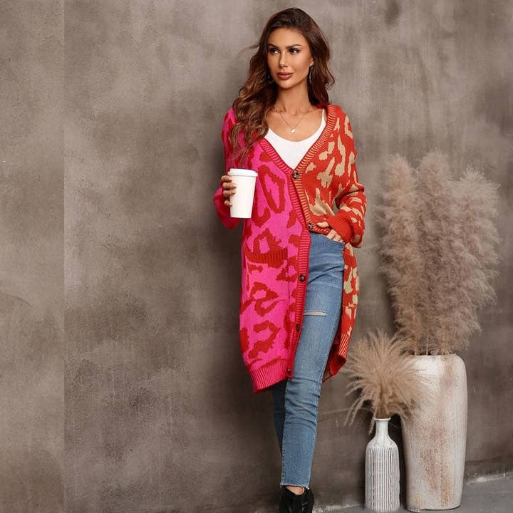 Mirazshoes WholeSale - Wholesale Cardigan - Women's - Contrast Color Leopard Buttoned Midi Knitted Cardigan Outerwear5