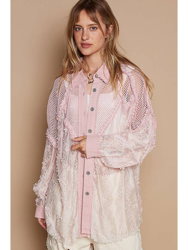 Pol Clothing - Wholesale Button Down Shirt - Women's - See through crochet patch peral trim button down shirt