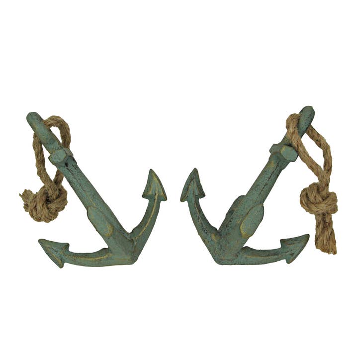 Set of 2 Verdigris Cast Iron Ship Anchor Bookends Decor for wholesale by Zeckos