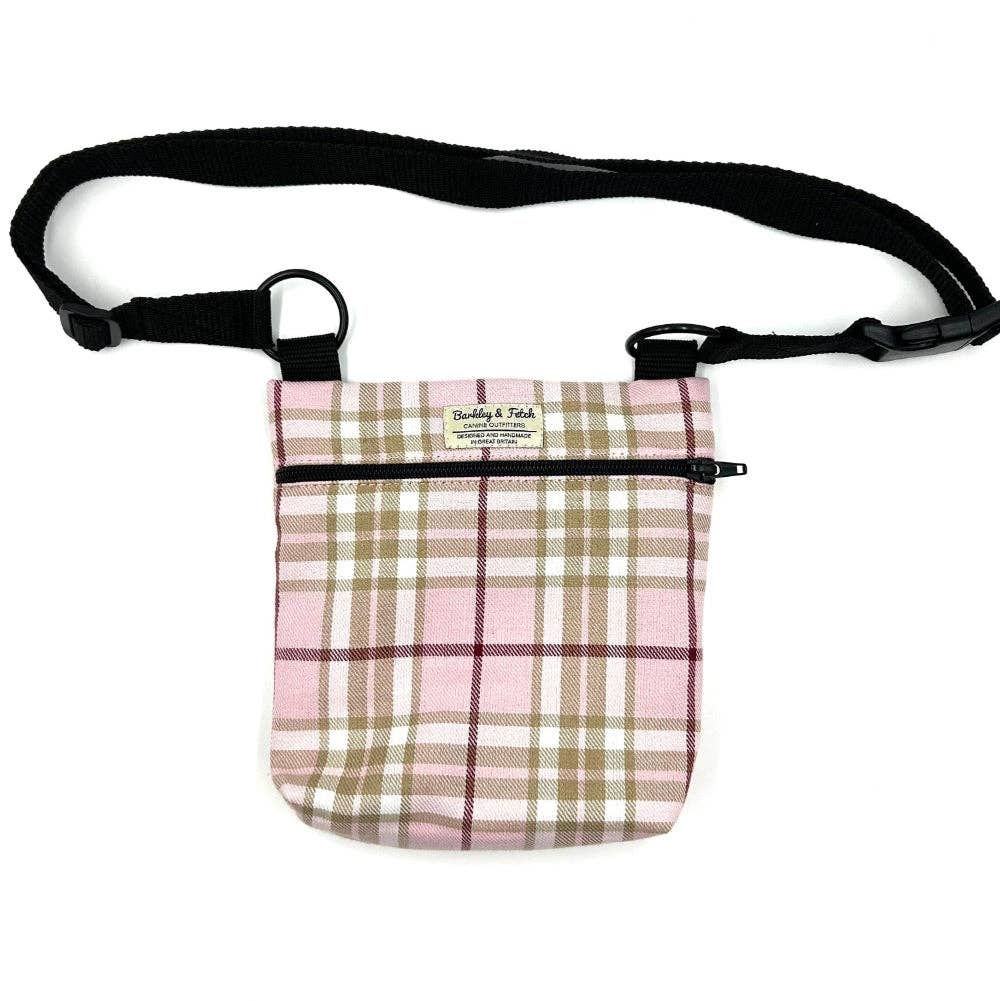 Barkley and Fetch – wholesale Pet treat bag – Dog – Pale Pink Tartan Dog Walk and Treat Bag1