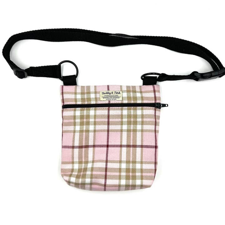 Barkley and Fetch – wholesale Pet treat bag – Dog – Pale Pink Tartan Dog Walk and Treat Bag1