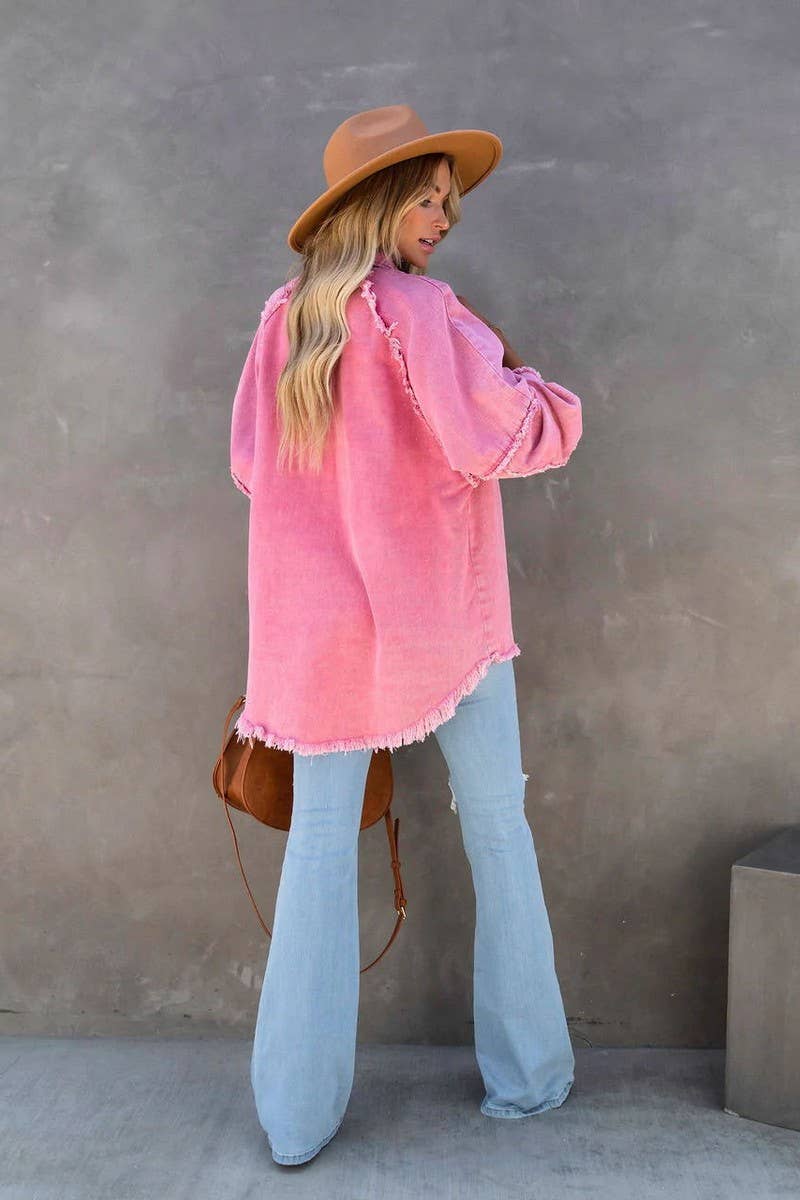 Lily Clothing - Wholesale Jacket - Women's - Loose raw edge patchwork pocket denim shirt jacket6