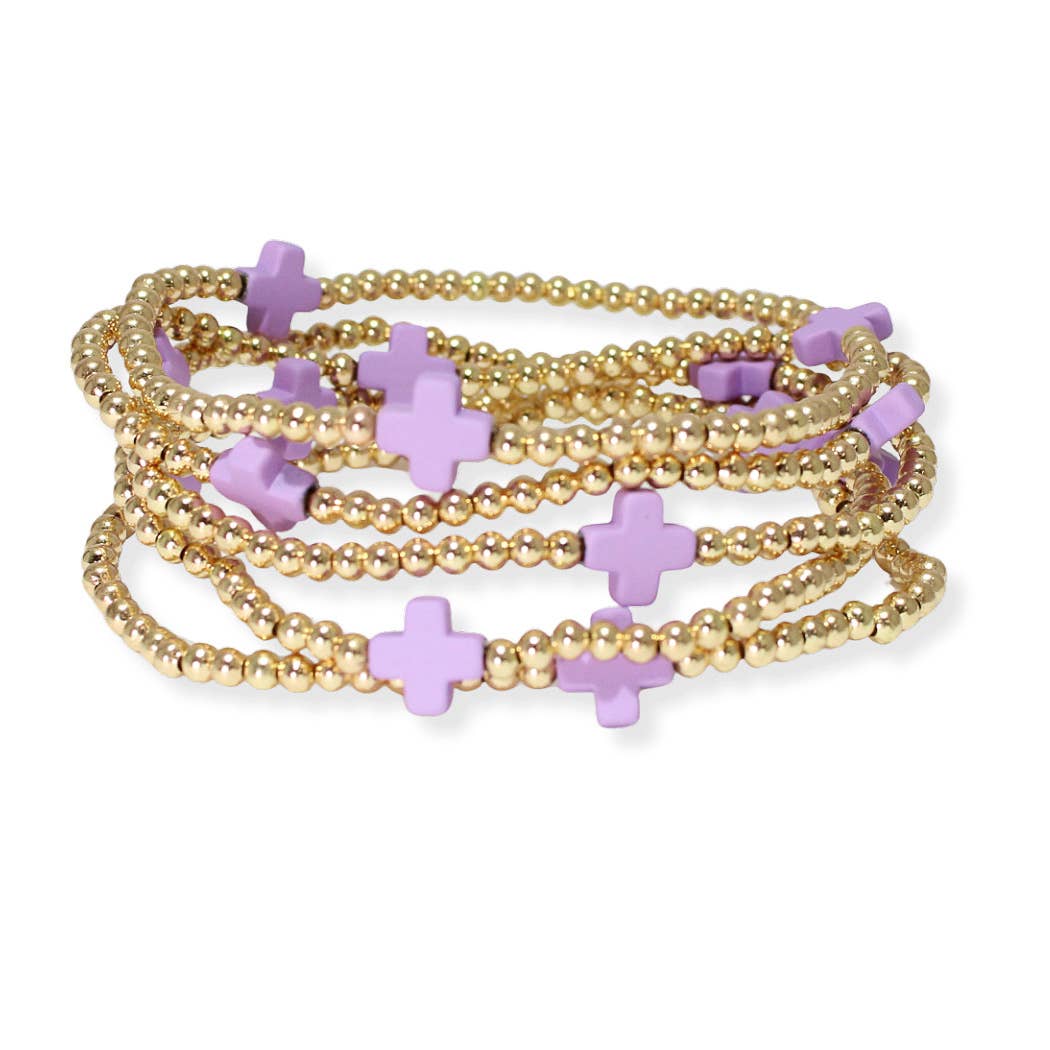 SOPHIA WHOLESALE - Wholesale Beaded Bracelet - Multi layered gold bead stretch bracelet with cross accent n12