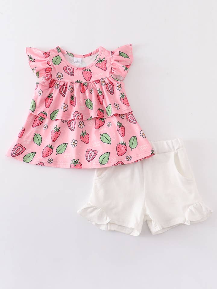 Rylee Faith Designs - Wholesale Top & Short Set - Kids - Pink Strawberry Ruffle Shorts Set Set