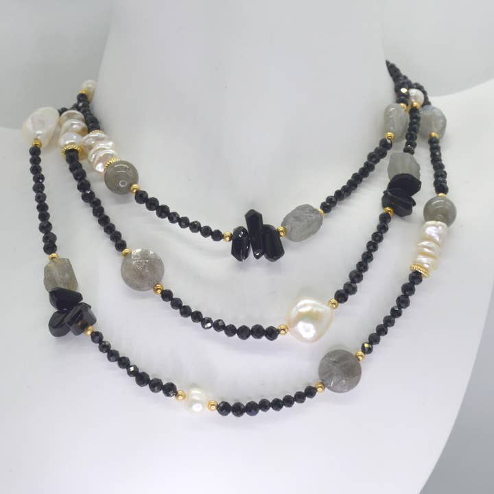 Collar largo Pizzazz con espinela, perla y labradorita para venta al por mayor de PearlGem Designs