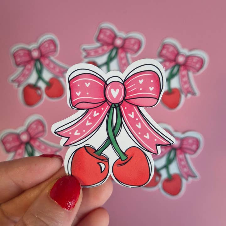 Cherries & Pink Bow Vinyl Sticker for wholesale by Becki Leigh Studios