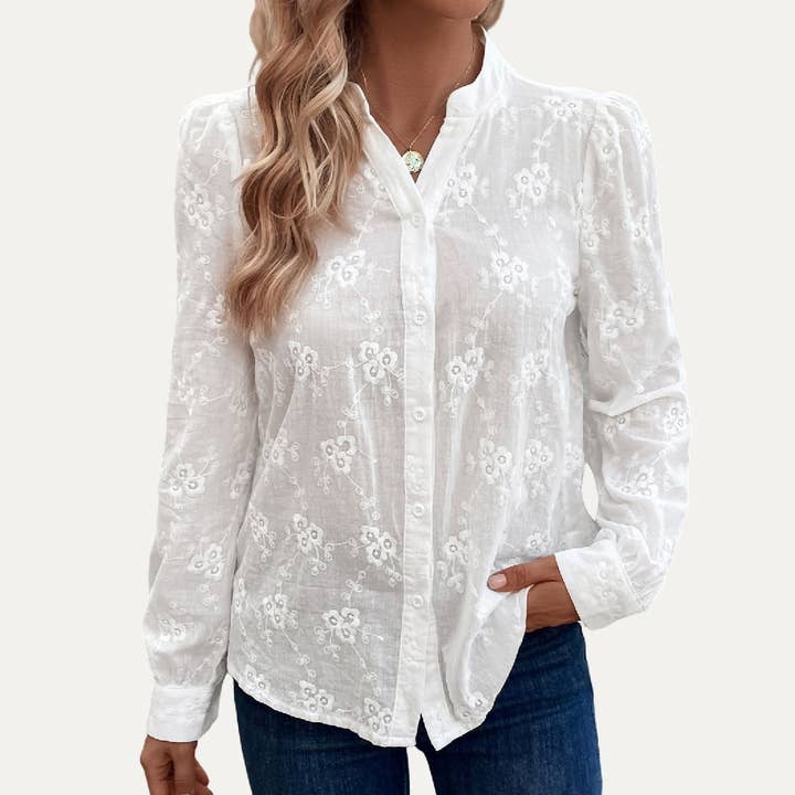 Soft Sheer White Floral Embroidery Notched Long Sleeve Shirt for wholesale by The Moment Collection