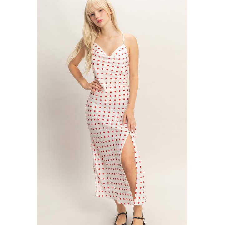 Robe midi à col bénitier à bretelles spaghetti à pois pour la vente par Double Zero