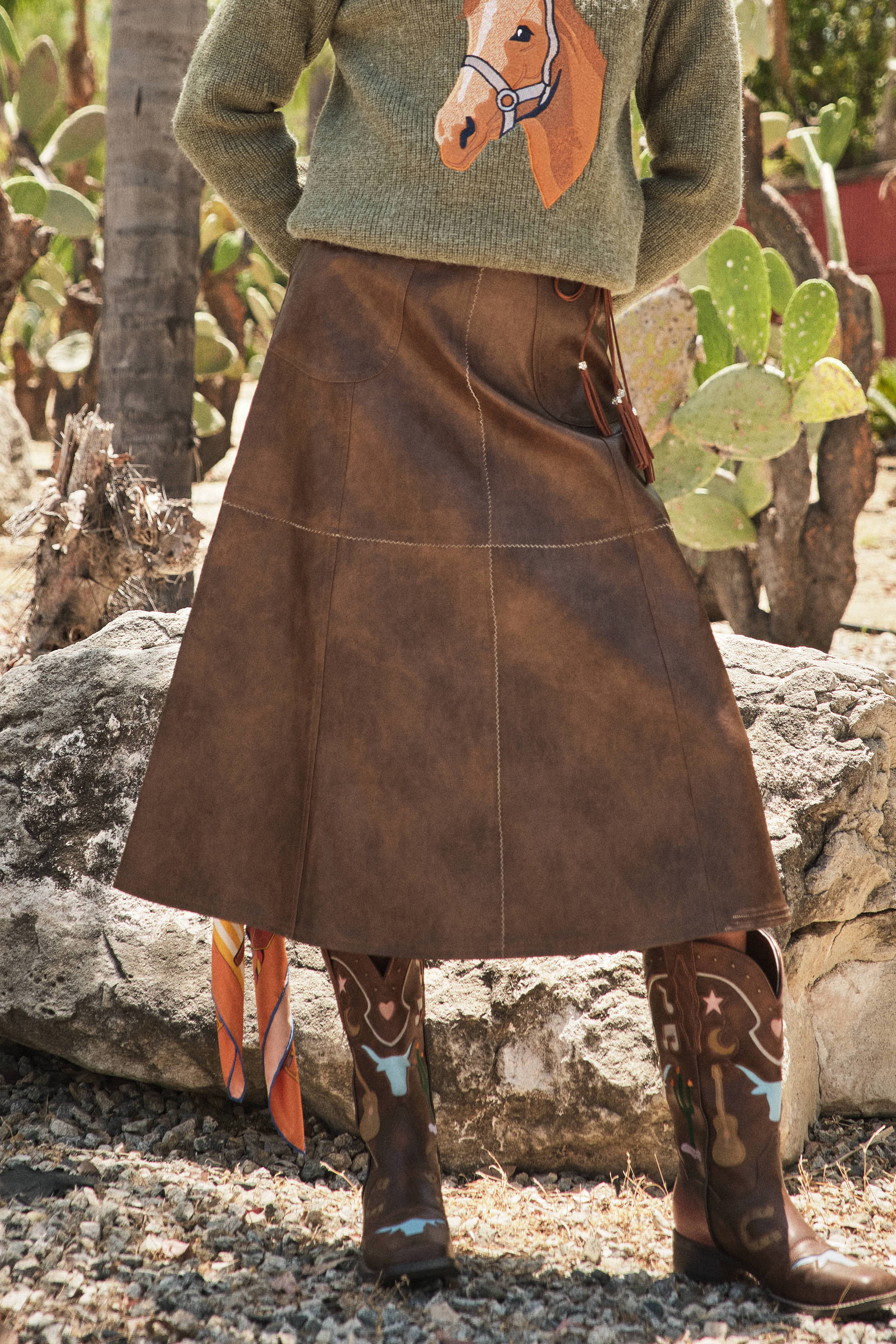 BROWN 37012S - Zigzag Seam Washed Faux Leather Midi Skirt for wholesale on Faire7