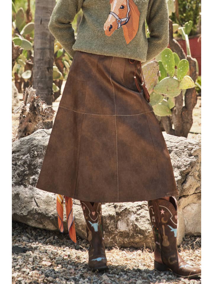 BROWN 37012S - Zigzag Seam Washed Faux Leather Midi Skirt for wholesale on Faire7