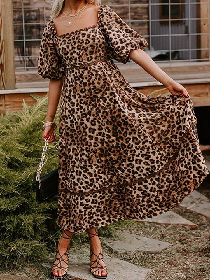 Leopard Print Bubble Sleeve Square Neck Maxi Dress for wholesale by Umorger