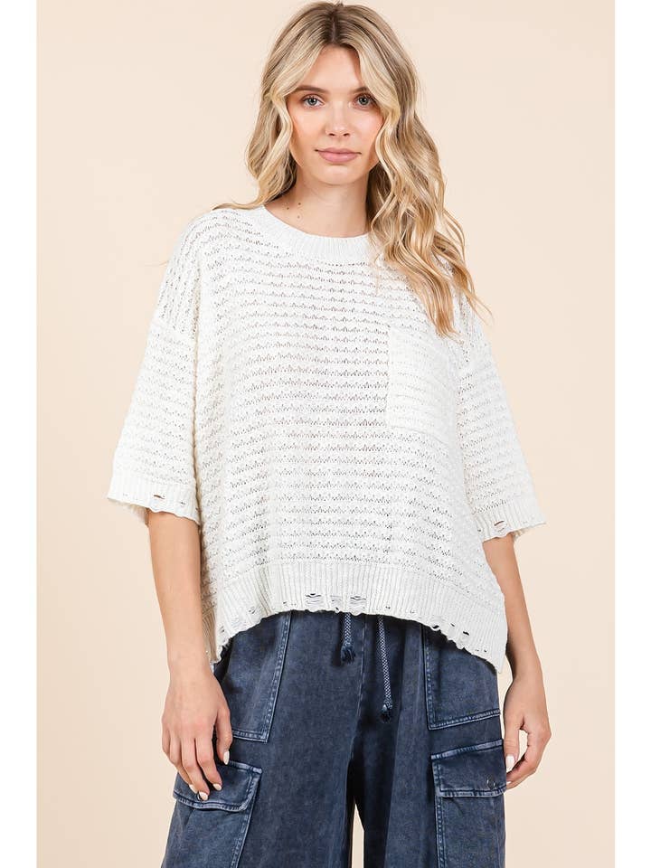 mittoshop - Wholesale Knit Sweater - Women's - DISTRESSED HEM SHORT SLEEVE LOOSE SWEATER KNIT TOP