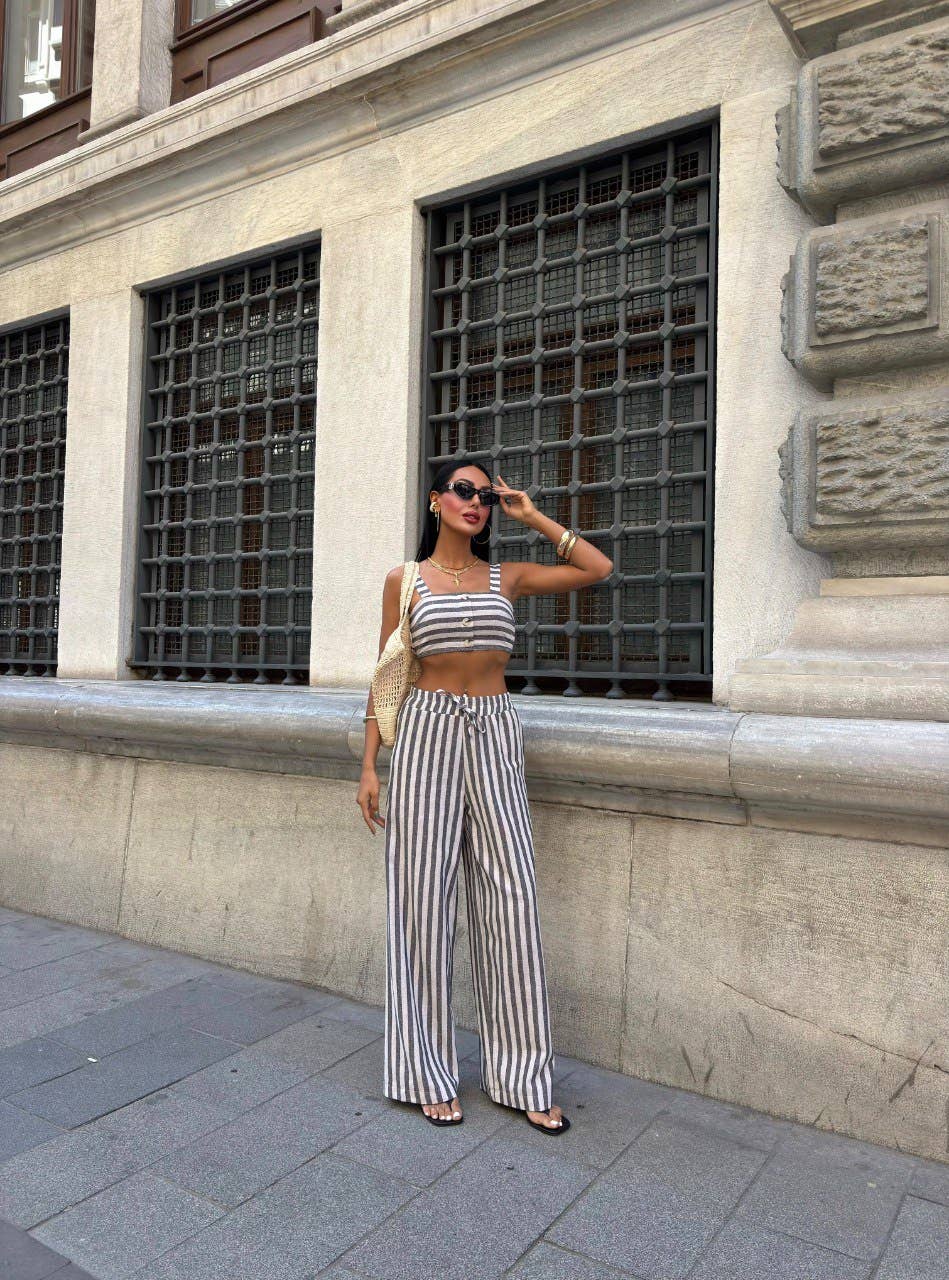 Design company-Fatma Balkir - Vendita all'ingrosso Completo top e pantaloni (NON loungewear) - Donna - Completo in lino - top corto a righe e pantaloni ampi8