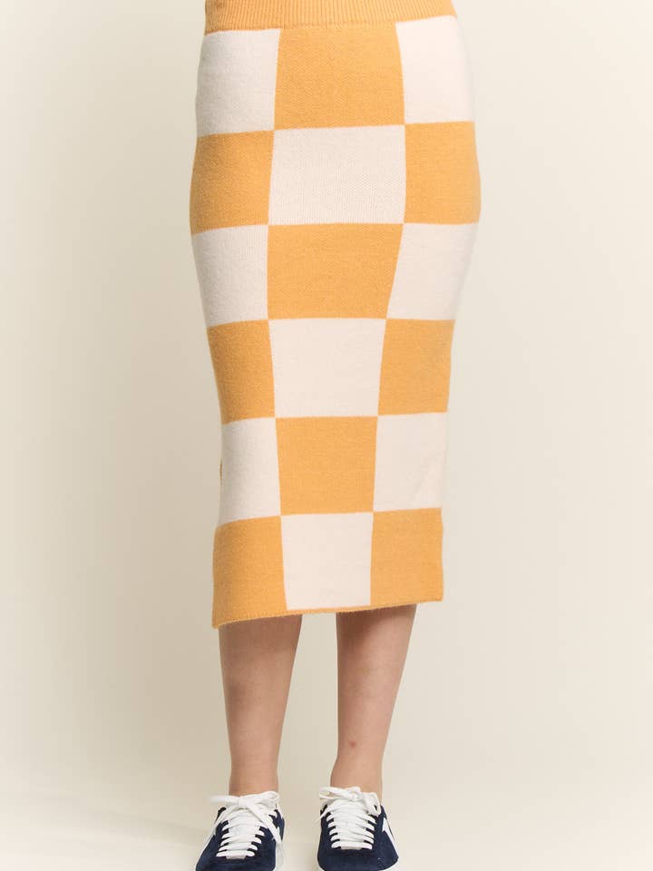 BIG CHECKERED PAST KNIT PENCIL MIDI SKIRT W/ SIDE SLIT for wholesale by JADE BY JANE